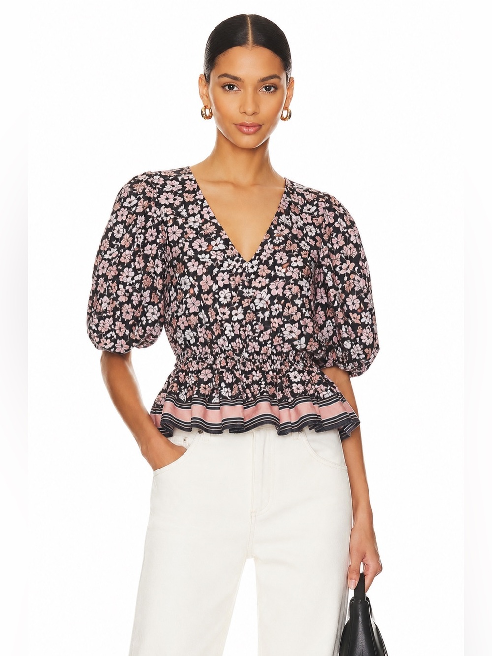 Club Monaco Floral Peplum Blouse Puff Sleeve V Neck o Large Pink Black Top